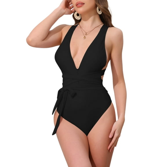 INSPIRE CHIC Women's Deep V Neck Back Criss Cross Lace Up Monokini Bikini, 1 Piece Tummy Control High Cut Swimwear Bathing Suits X-Small Black