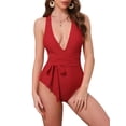 thumbnail image 1 of INSPIRE CHIC Women's Deep V Neck Back Criss Cross Lace Up Monokini Bikini 1 Piece Tummy Control High Cut Swimwear Bathing Suits X-Small Red, 1 of 5