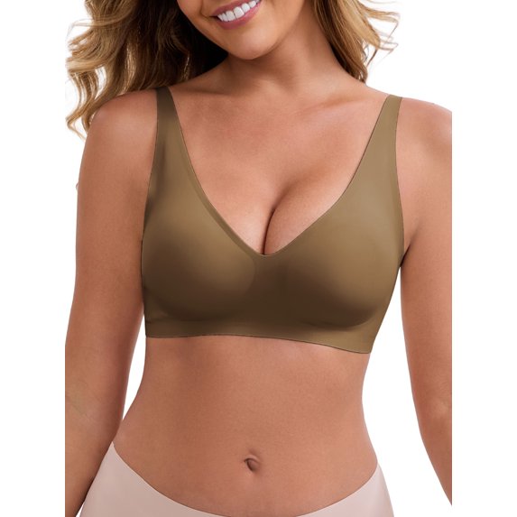 INSPIRE CHIC Women's Deep V-Neck Wireless Everyday Bras Adjustable Spaghetti Straps Push-Up Seamless Soft Lingerie M Beige