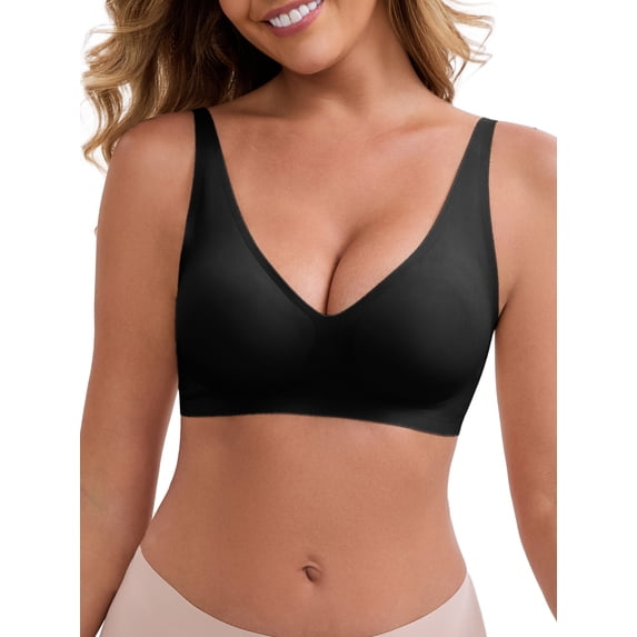 INSPIRE CHIC Women's Deep V-Neck Wireless Everyday Bras Adjustable Spaghetti Straps Push-Up Seamless Soft Lingerie M Black