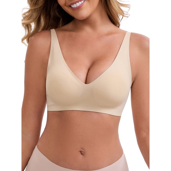 INSPIRE CHIC Women's Deep V-Neck Wireless Everyday Bras Adjustable Spaghetti Straps Push-Up Seamless Soft Lingerie M Light Beige