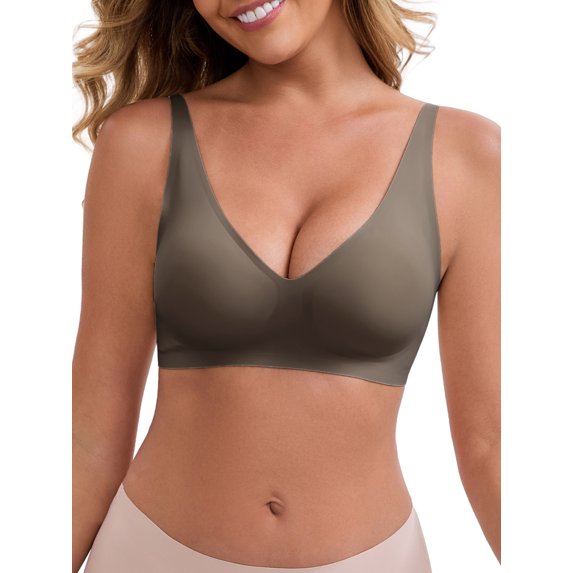 INSPIRE CHIC Women's Deep V-Neck Wireless Everyday Bras Adjustable Spaghetti Straps Push-Up Seamless Soft Lingerie XXL Brown