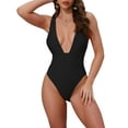 thumbnail image 1 of INSPIRE CHIC Women's Deep V Plunge Monokini Backless Bikini Set, 1 Piece Wide Strap Slimming Swimwear Bathing Suit Medium Black, 1 of 5