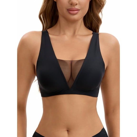 INSPIRE CHIC Women's Deep V Push Up Wirefree Seamless Mesh Plunge Bras Light and Breathable Minimizers M Black