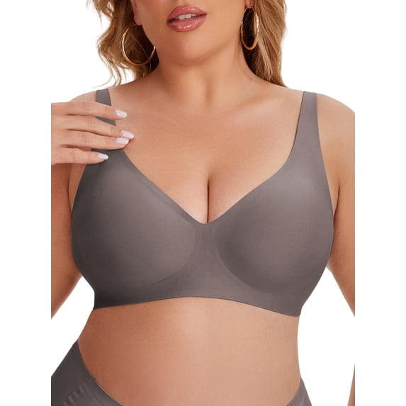 INSPIRE CHIC Women's Deep V Seamless Wirefree Adjustable Straps Bras Light Soft Cup Plus Size Lingerie 4XL Coffee Gray