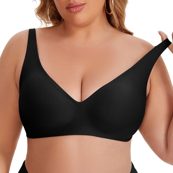 INSPIRE CHIC Women's Deep V Seamless Wirefree Adjustable Straps Bras Light Soft Cup Plus Size Lingerie L Black