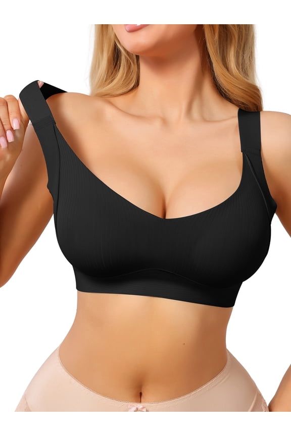Women's Deep V Seamless Wireless Minimizer Full Coverage W-Shaped Support Push Up Wide Strap Bras M Black