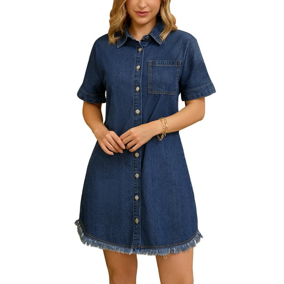 INSPIRE CHIC Women's Denim Button Front Frayed Hem Collared Short Sleeve Midi Dresses L Dark Blue