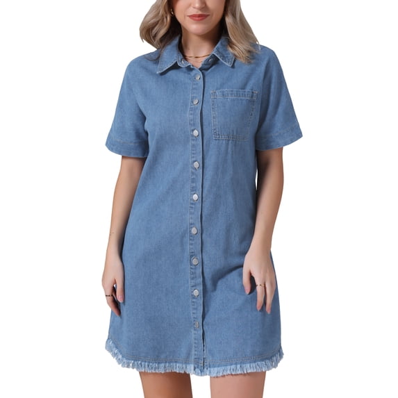 INSPIRE CHIC Women's Denim Button Front Frayed Hem Collared Short Sleeve Midi Dresses L Light Blue