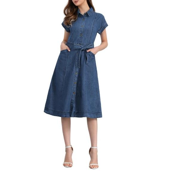 INSPIRE CHIC Women's Denim Casual Button Down Short Sleeves Belted Midi Dress L Dark Blue