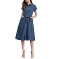 thumbnail image 1 of INSPIRE CHIC Women's Denim Casual Button Down Short Sleeves Belted Midi Dress M Dark Blue, 1 of 6