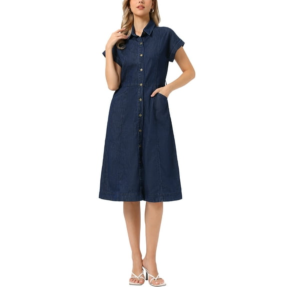 INSPIRE CHIC Women's Denim Casual Button Down Short Sleeves Belted Midi Dress XS Black Blue