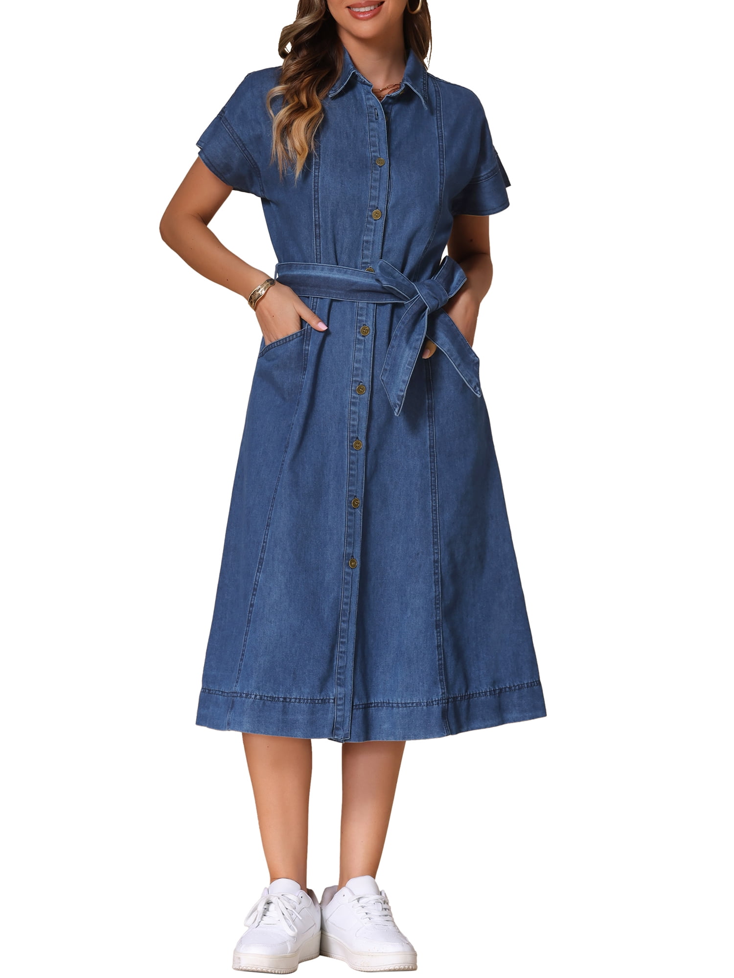 Button Down Short Sleeve Midi Shirt Dress