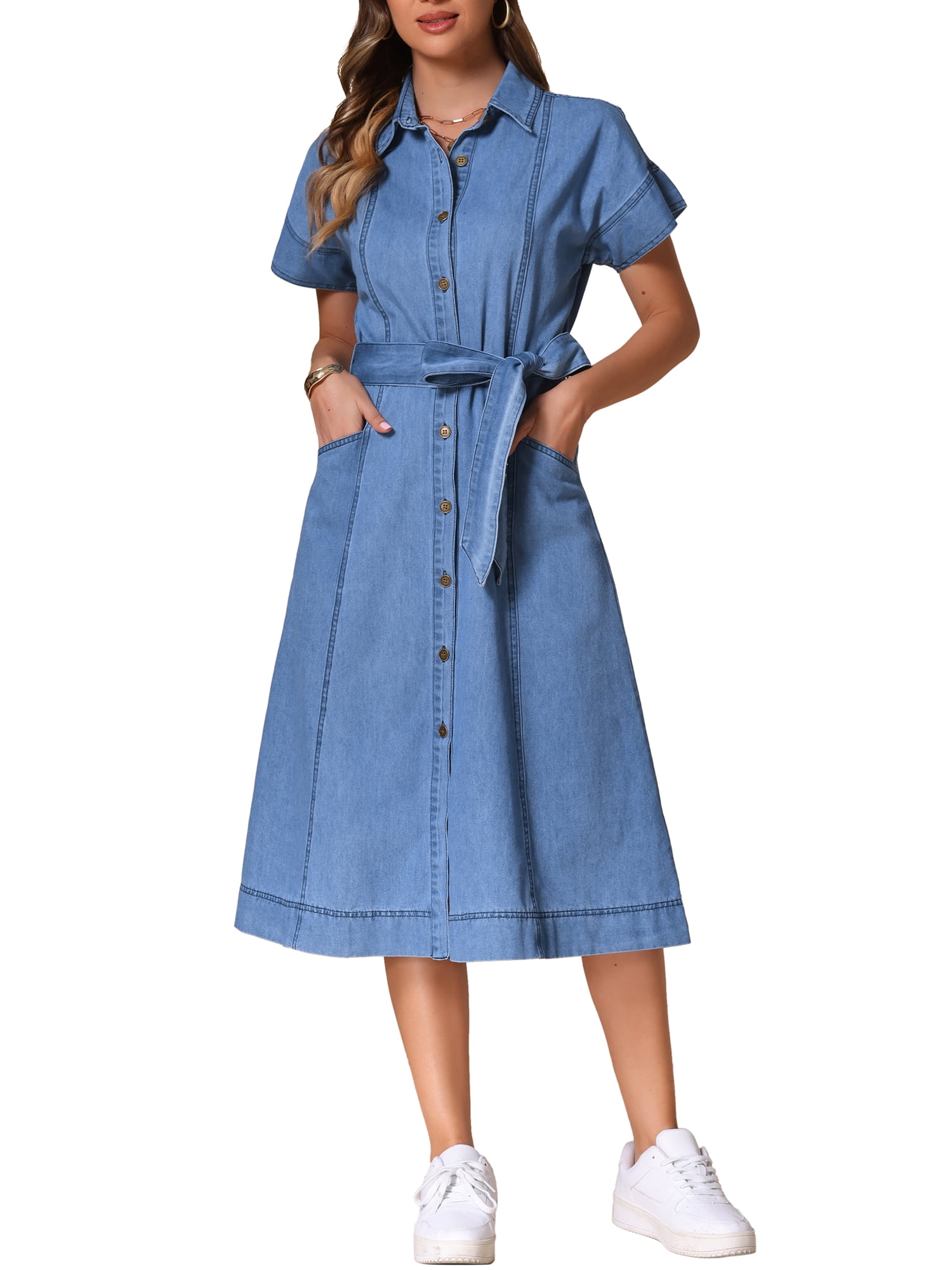 Casual Daily Solid Color Buttons Turndown Collar Short Sleeve Loose Denim Dresses