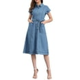thumbnail image 1 of INSPIRE CHIC Women's Denim Casual Button Down Short Sleeves Belted Midi Dress XS Light Blue, 1 of 6