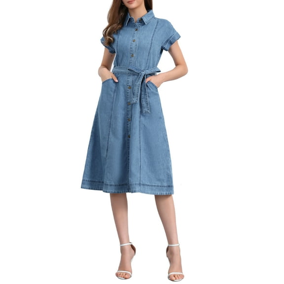 INSPIRE CHIC Women's Denim Casual Button Down Short Sleeves Belted Midi Dress XS Light Blue