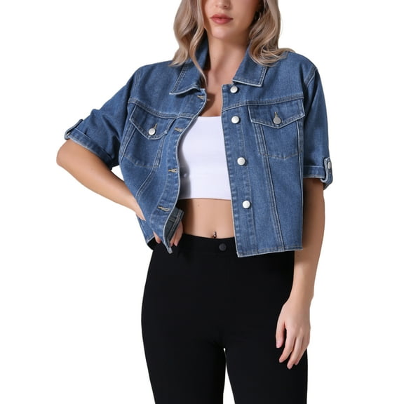INSPIRE CHIC Women's Denim Casual Turndown Collar Short Sleeve Button Crop Jean Jacket 2XL Dark Blue