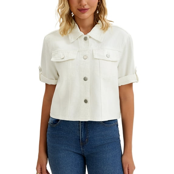 INSPIRE CHIC Women's Denim Casual Turndown Collar Short Sleeve Button Crop Jean Jacket 2XL White