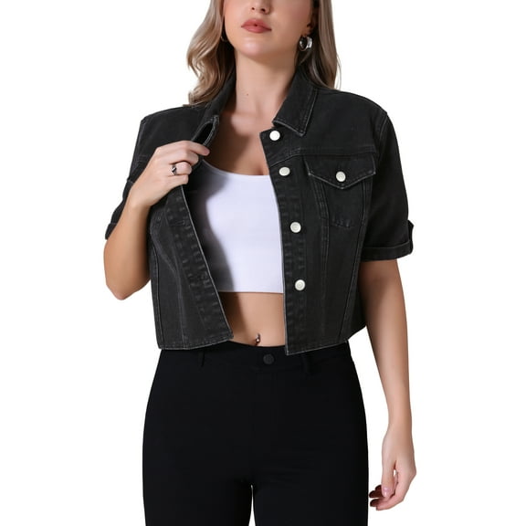 INSPIRE CHIC Women's Denim Casual Turndown Collar Short Sleeve Button Crop Jean Jacket L Black
