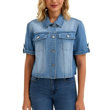 INSPIRE CHIC Women's Denim Casual Turndown Collar Short Sleeve Button Crop Jean Jacket M Blue