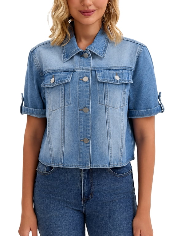 Women's Denim Casual Turndown Collar Short Sleeve Button Crop Jean Jacket XL Blue