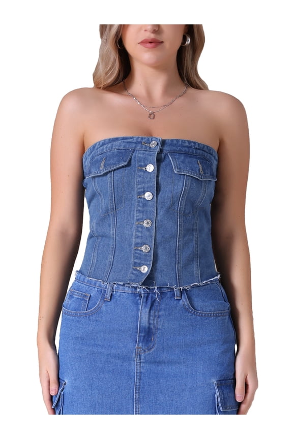 Women's Denim Corset Button Front Raw Hem Smocked Back Crop Tube Tops M Blue