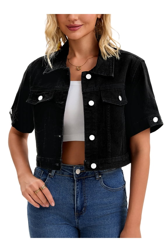 Women's Denim Cropped Short Sleeve Button Up Frayed Washed Jean Jacket Black 2XL