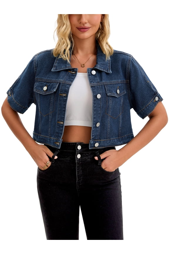 Women's Denim Cropped Short Sleeve Button Up Frayed Washed Jean Jacket Dark Blue 2XL