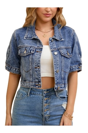 Women's Back to School Denim Cropped Short Sleeve Button Up Frayed Washed Jean Jacket Blue L