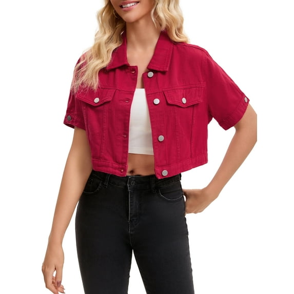 INSPIRE CHIC Women's Denim Cropped Short Sleeve Button Up Frayed Washed Jean Jacket Dark Red M