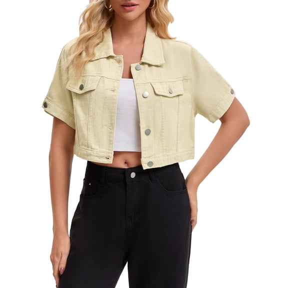 INSPIRE CHIC Women's Denim Cropped Short Sleeve Button Up Frayed Washed Jean Jacket S Apricot