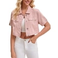 thumbnail image 1 of INSPIRE CHIC Women's Denim Cropped Short Sleeve Button Up Frayed Washed Jean Jacket S Pink, 1 of 6