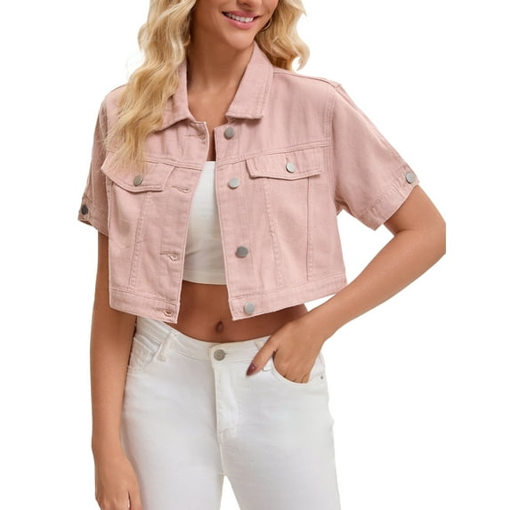 INSPIRE CHIC Women's Denim Cropped Short Sleeve Button Up Frayed Washed Jean Jacket S Pink
