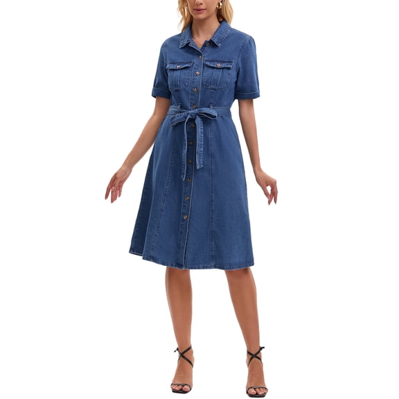 INSPIRE CHIC Women's Denim Dress Button Down Short Sleeve Belted Casual Jean Shirt Dresses 2XL Blue