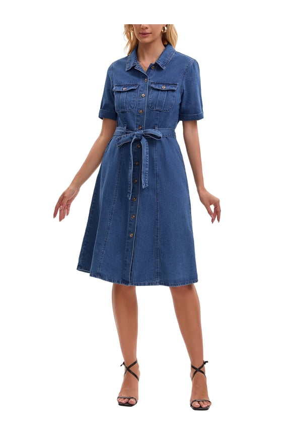 Women's Denim Dress Button Down Short Sleeve Belted Casual Jean Shirt Dresses M Blue