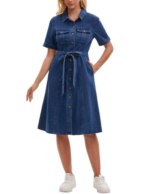 Women's Denim Dress Button Down Short Sleeve Belted Casual Jean Shirt Dresses M Dark Blue