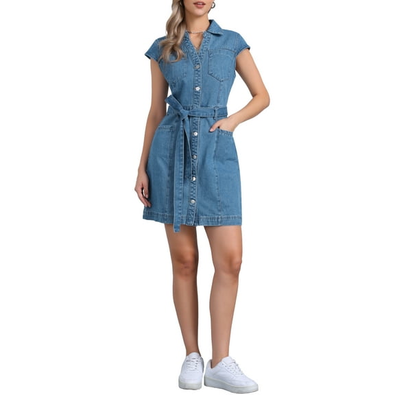 INSPIRE CHIC Women's Denim Dress Casual Belted Button Down V Neck Jean Shirt Dresses XS Light Blue