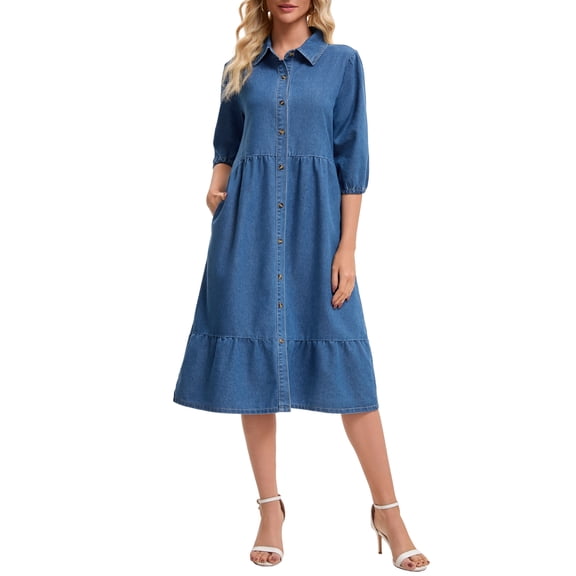 INSPIRE CHIC Women's Denim Dress Puff 3/4 Sleeve Button Up Collar A Line Swing Ruffle Tiered Midi Jean Dresses 2XL Blue