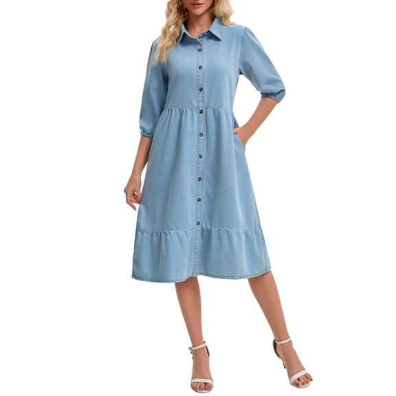 INSPIRE CHIC Women's Denim Dress Puff 3/4 Sleeve Button Up Collar A Line Swing Ruffle Tiered Midi Jean Dresses 2XL Pale Blue