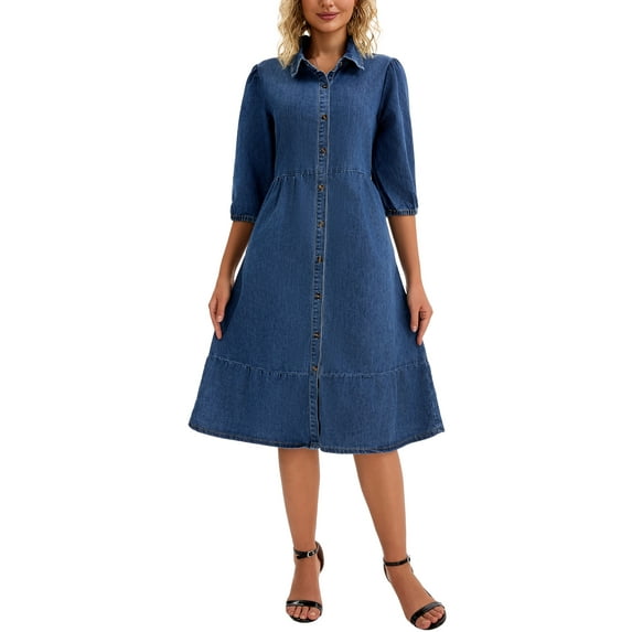 INSPIRE CHIC Women's Denim Dress Puff 3/4 Sleeve Button Up Collar A Line Swing Ruffle Tiered Midi Jean Dresses L Dark Blue