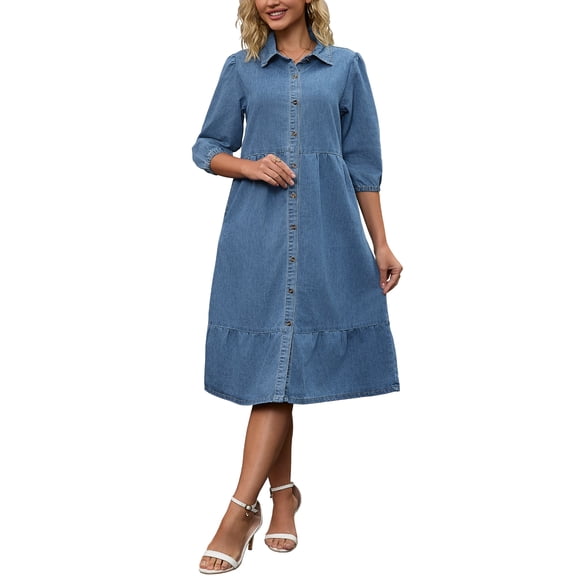 INSPIRE CHIC Women's Denim Midi Dress Puff Sleeve Button Down Tiered A‑Line Swing Shirt Dress Light Blue L