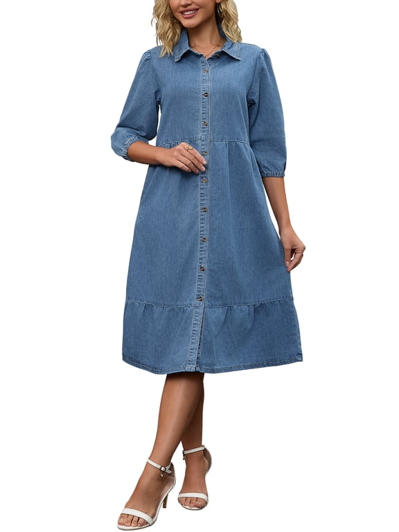 Women's Denim Midi Dress Puff Sleeve Button Down Tiered A‑Line Swing Shirt Dress Light Blue L