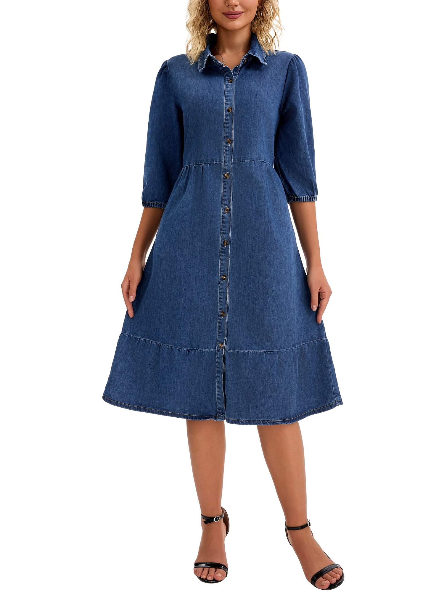 INSPIRE CHIC Women's Denim Dress Puff 3/4 Sleeve Button Up Collar A Line  Swing Ruffle Tiered Midi Jean Dresses S Dark Blue