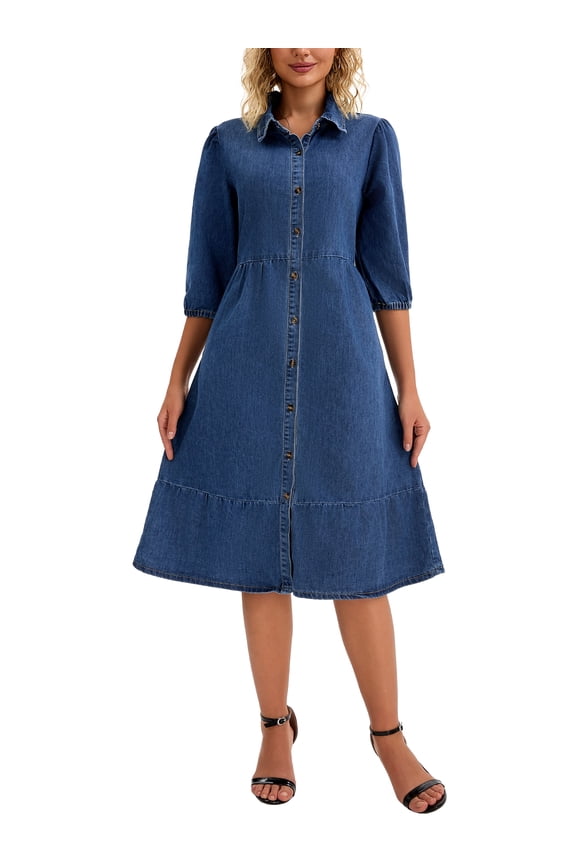 Women's Denim Dress Puff 3/4 Sleeve Button Up Collar A Line Swing Ruffle Tiered Midi Jean Dresses XL Dark Blue