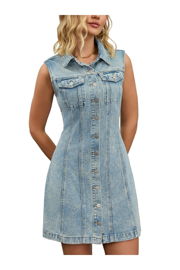 Women's Denim Dress Sleeveless Collared Button Down Chic Short Jean Dresses L Light Blue