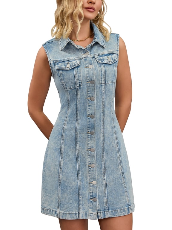 Women's Sleeveless Denim Dress Button Down A-Line Mini Dress with Pockets Light Blue S