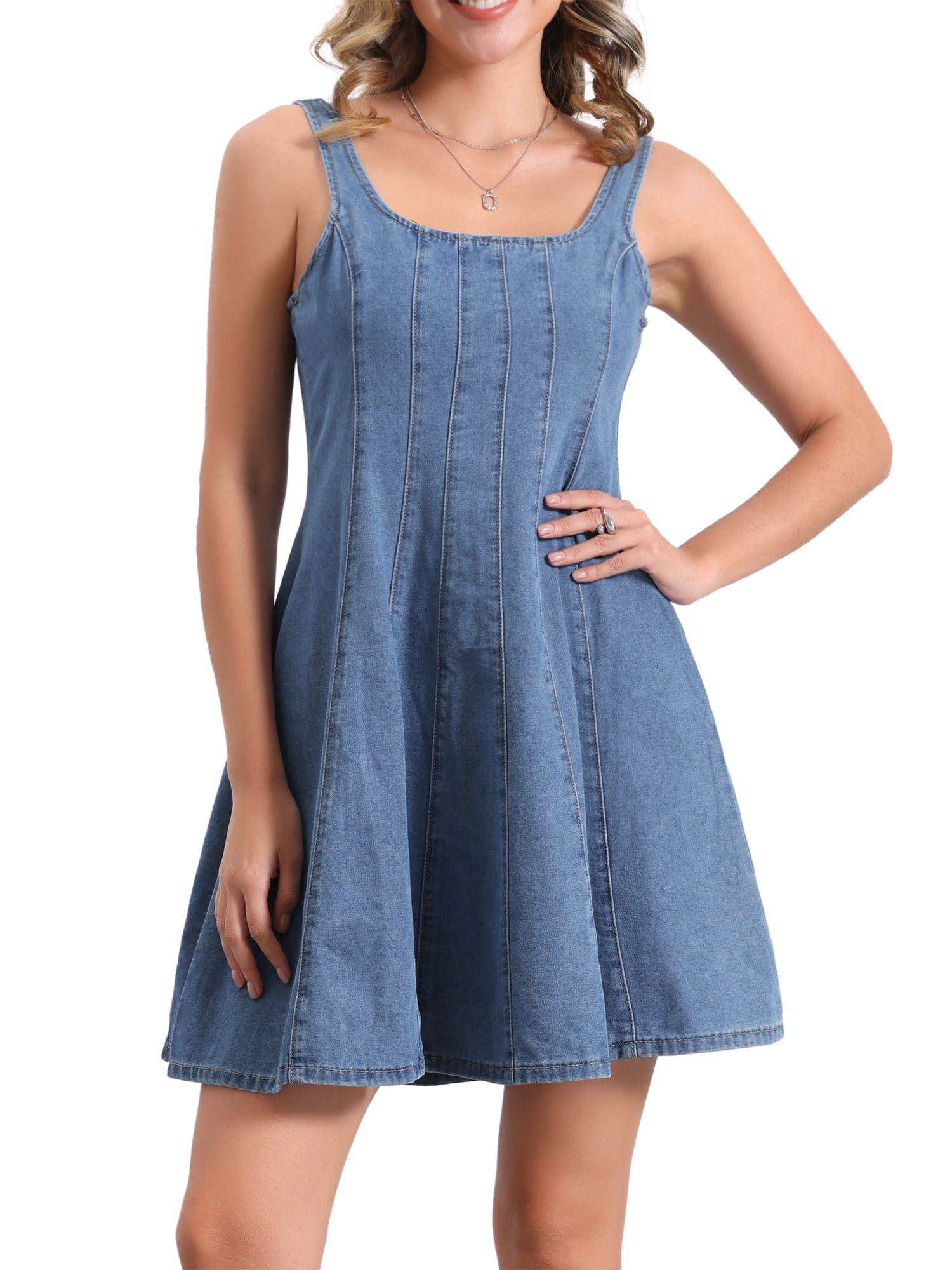 knee length dresses for ladies Washed Denim Halter Neck Sleeveless Mini Dress Blue Small / Blue