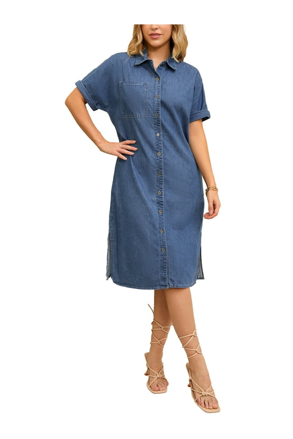 Women's Denim Shirt Dress Short Sleeve Button Down Midi Casual Dress L Blue