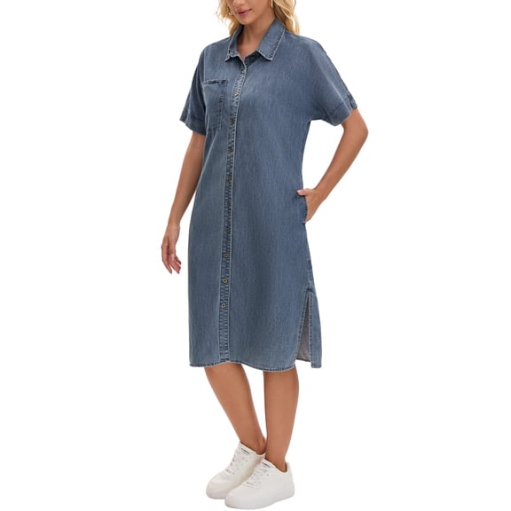 INSPIRE CHIC Women's Denim Shirt Dress Short Sleeve Button Down Midi Casual Dress L Gray Blue