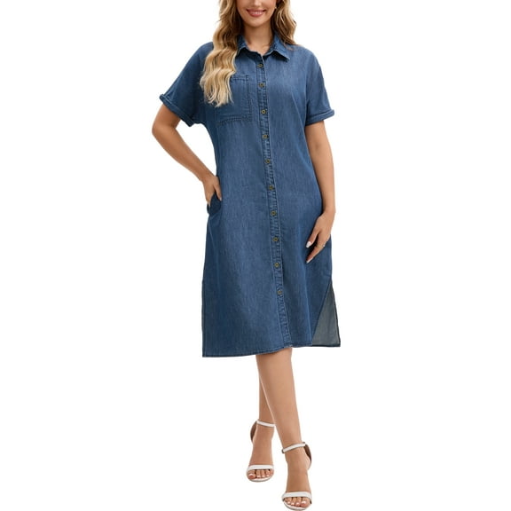 INSPIRE CHIC Women's Denim Shirt Dress Short Sleeve Button Down Midi Casual Dress L Navy Blue